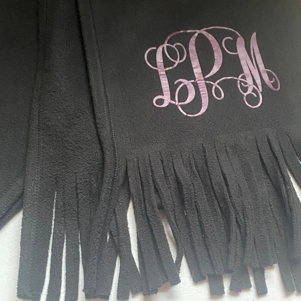 Personalized Black Fringe Scarf with Purple Monogram LPM